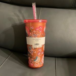 Vera Bradley Minto Flowers Travel Tumbler, 24oz, flexible straw, double wall